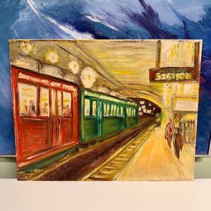 Impressionist Painting of Train Station Platform Unsigned Original MCM on Board